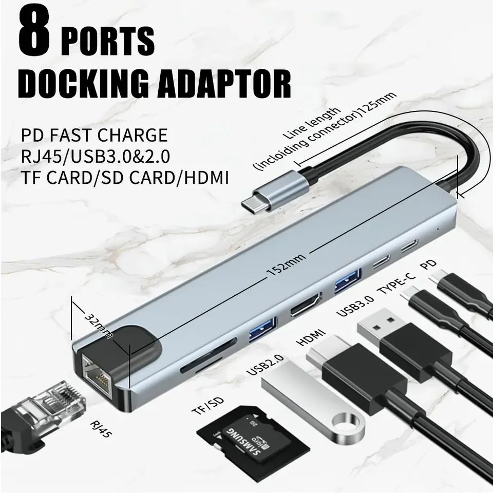 

2017L 8 in 1 USB 3.0 Hub For Laptop Adapter PC Computer PD Charge 8 Ports Dock Station RJ45 TF/SD Card Notebook Type-C Splitter