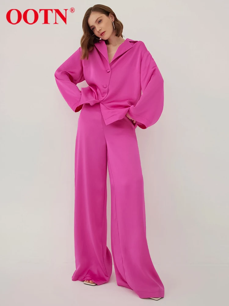 

OOTN, повседневный элегантный комплект со штанами, розовая красная Свободная рубашка с длинным рукавом, шикарный комплект из 2 предметов, женс...