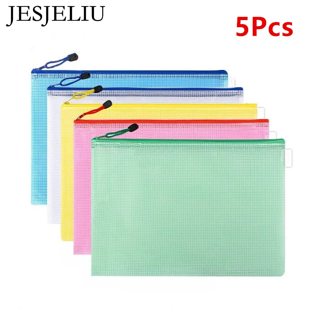 

5pcs Stationery Storage Folder File Mesh Zipper Pouch A4 Document Bag Pencil Case Waterproof File Folders School Office Supplies