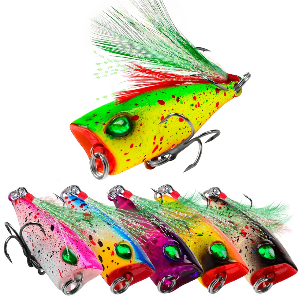 

Mini Popper Fishing Lures 4.3cm 4g Topwater Hard Bait Artificial Wobblers Plastic Pesca Fishing Tackle with 10# Feather Hooks