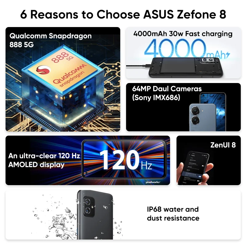 Najtaniej Wersja Globalna ASUS Zenfone 8 5G Smartphone Snapdragon 888 5.9 ''4000mAh 30W Szybkie ładowanie NFC Android 11 OTA Telefon Komórkowy