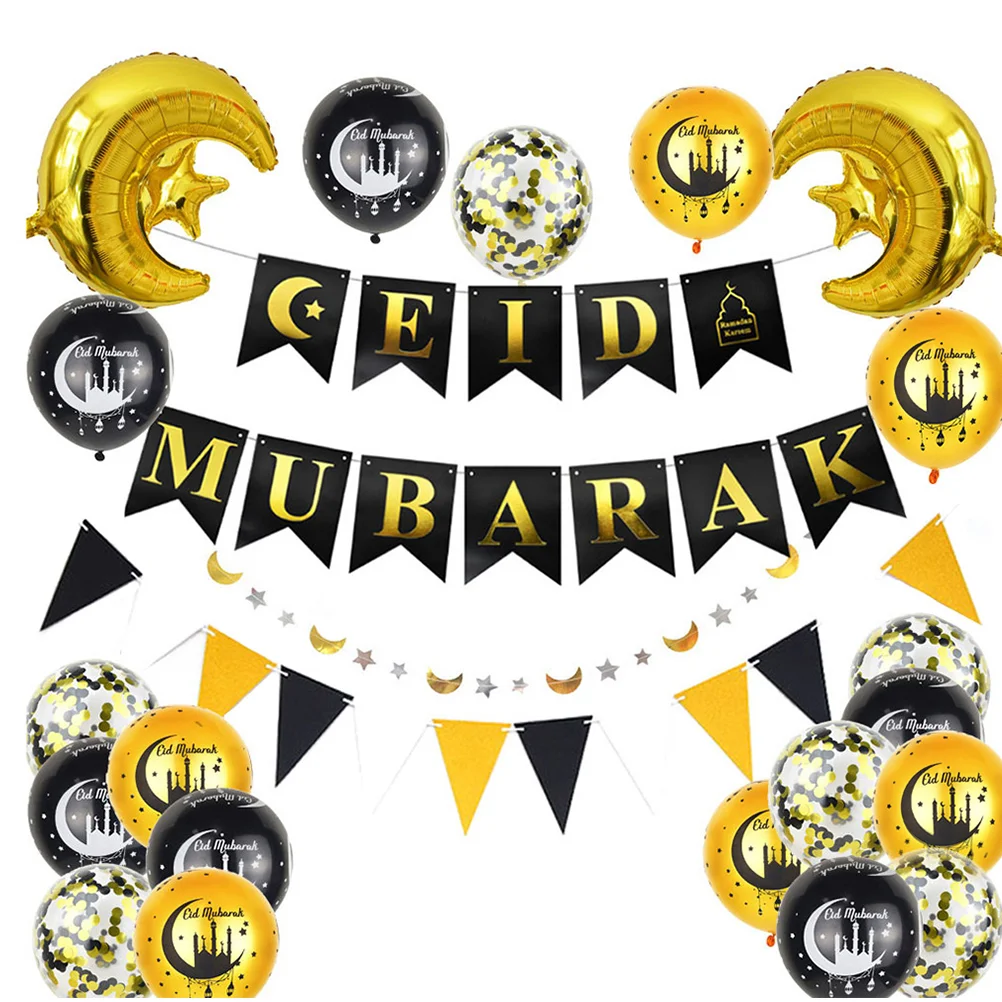 

Mubarak Eid Banner Ramadan Decoration Balloons Moon Star Decorations Islamic Party Muslim Hanging Islam Gold Black Garland