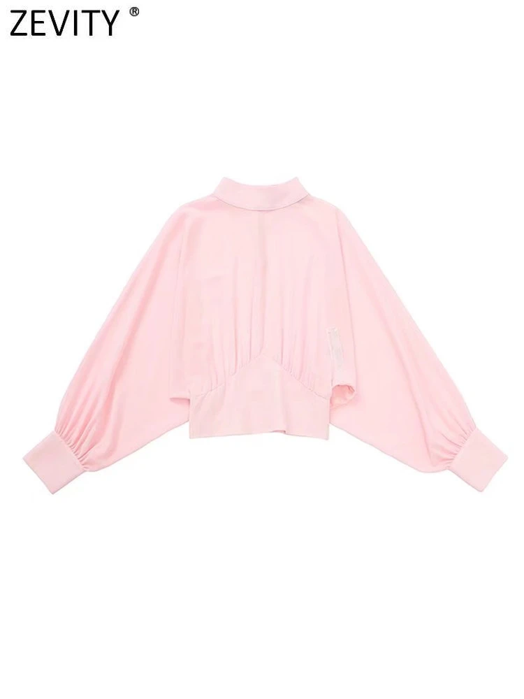 

Zevity Women Fashion Stand Collar Batwing Sleeve Pink Chiffon Smock Blouses Lady Chic Side Zipper Shirts Blusas Tops LS10104