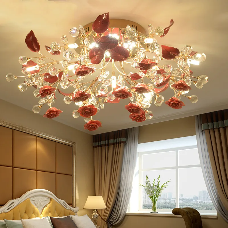 

Европейская Хрустальная потолочная лампа, роскошный современный простой Керамический потолочный светильник для спальни, столовой, Креативный цветочный светильник