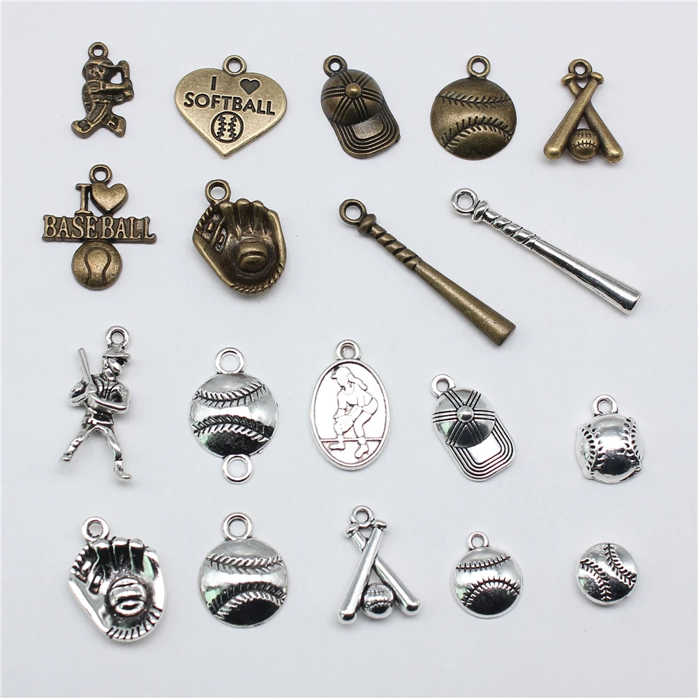 

20pcs Sport Charms Baseball & Softball Charms Antique Bronze Silver Color Pendants DIY Crafts Making Findings For Jewelry Making