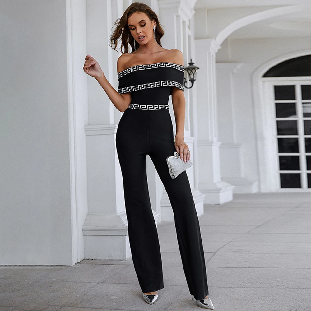 Rocwickline New Summer and Autumn Women's Jumpsuits Sexy & Club Solid Slash neck Sheath Celebrities Accessible Luxury Jumpsuits