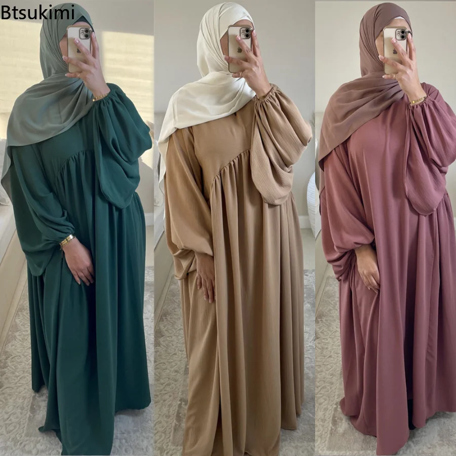 2023 Muslim Abayas for Women Dubai Solid Color Loose Casual Comfort Robe Long Sleeve Elastic Cuff Modest Dress Islam Clothes Eid