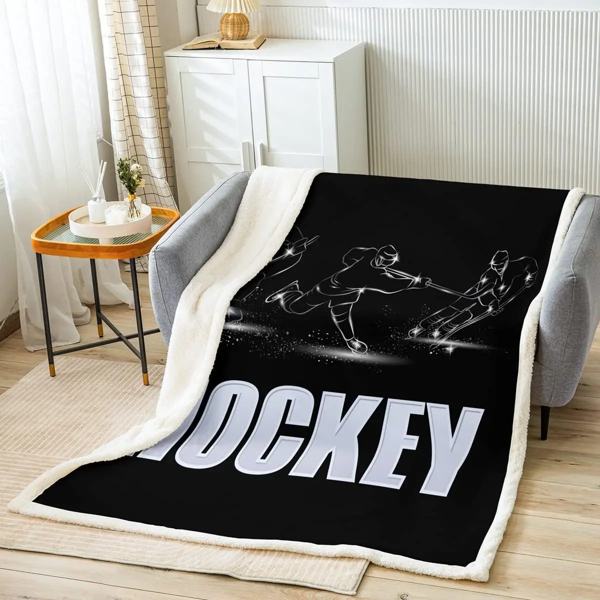 

Ice Hockey Kids Throw Blanket,Players Silhouettes Modern Bed Blanket,Girls Boys Adults Bedroom Decor,Ball Sports Games