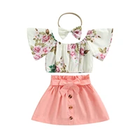 girls summer 3pcs outfit sets short sleeve off shoulder floral tops pink button skirt with belt headband