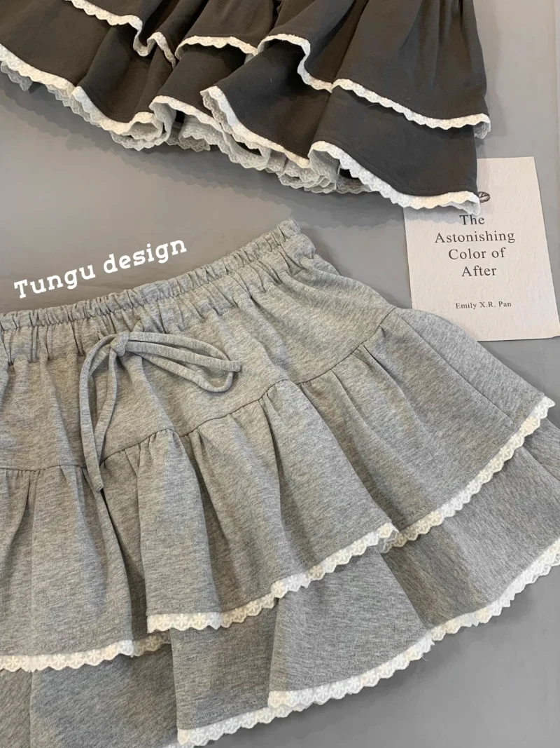 

Summer Japan Style Lace High Waist Ballet A-line Cake Skirt Y2k Sweet Women Drawstring Gray Folds Short Mini Faldas Skirts