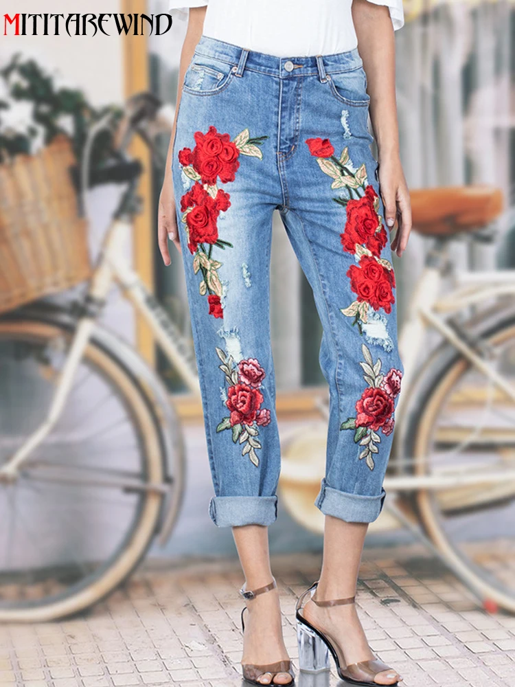 

Denim Trousers Women Colorful Flowers 3D Three-dimensional Embroidery Hole Ripped Jeans Women Fashion Straight Denim Pants Women