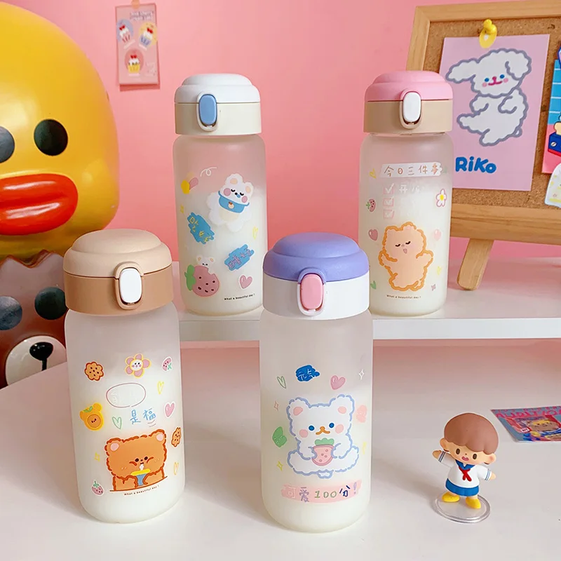 

Creative Transparent Glass Water Bottle With Straw Cartoon Frosted Leakproof Travel Drinkware Cute Kids Student Girl Gift Cups