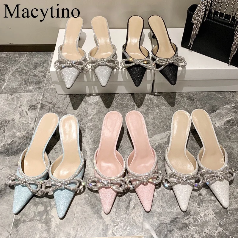 

Rhinestone Bow Half Drag Women's Shoes 2022 New Satin All-match Baotou Pointed Stiletto Slipers Female Fairy Style