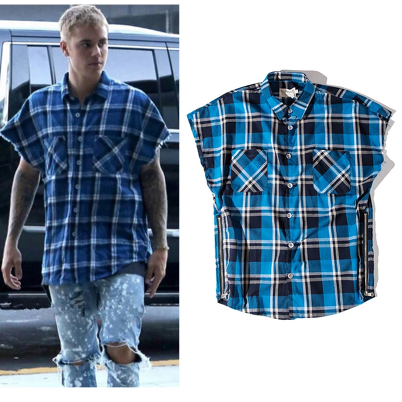 

High Street Sleeveless Color Block Plaid Shirts Lapel Mens Retro Oversized Side Zipper Summer Casual Loose Tops Harajuku Hip Hop