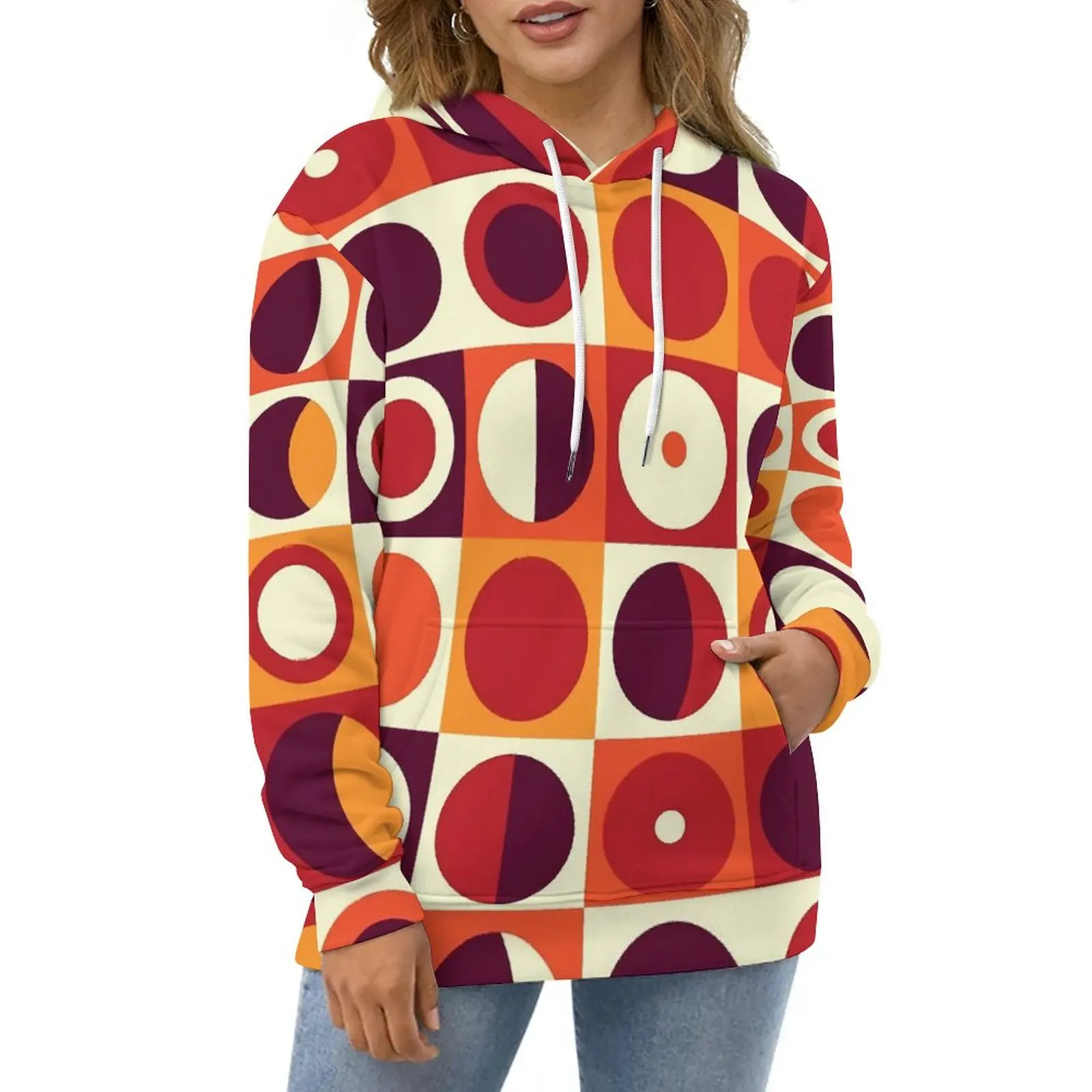 

Retro Mod Casual Hoodies Orangy 70s Print Elegant Pullover Hoodie Couple Long Sleeve Harajuku Pattern Loose Oversized Clothing