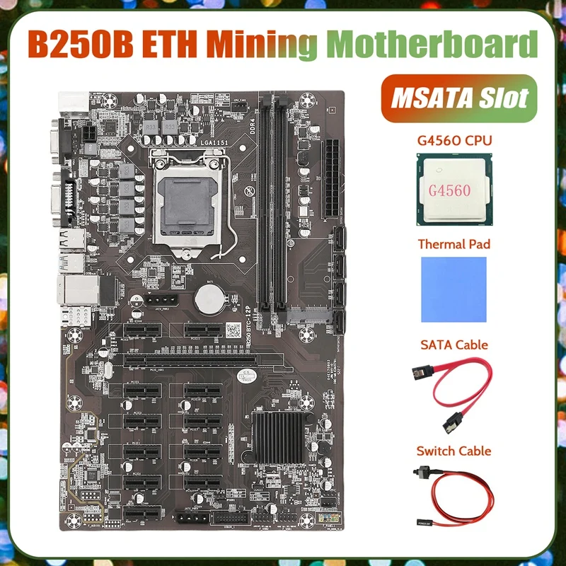 

Материнская плата B250B ETH для майнинга + процессор G4560 + термоподушка + кабель переключения + кабель SATA LGA1151 DDR4 12xслот для карты MSATA для майнинга ...