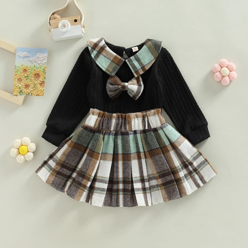 

Бесплатная доставка, детская одежда, вязаные топы с длинными рукавами и оборками для девочек, клетчатая плиссированная юбка, 2 шт., детская о...