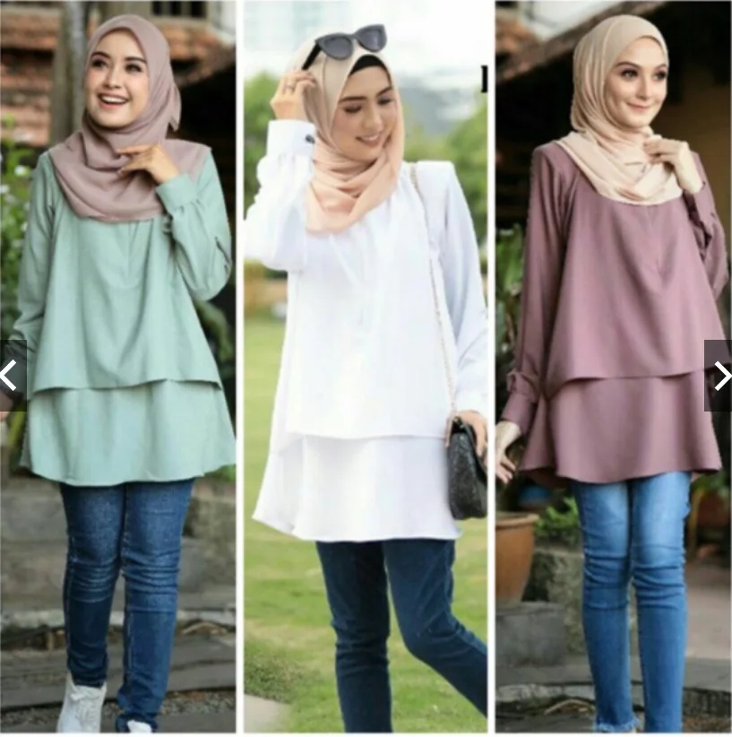 Muslim Casual Loose Tops For Women Malaysia Round Neck Solid Fake Two-Piece Style Blouse Islam Arab Turkey Long Sleeves Tunic