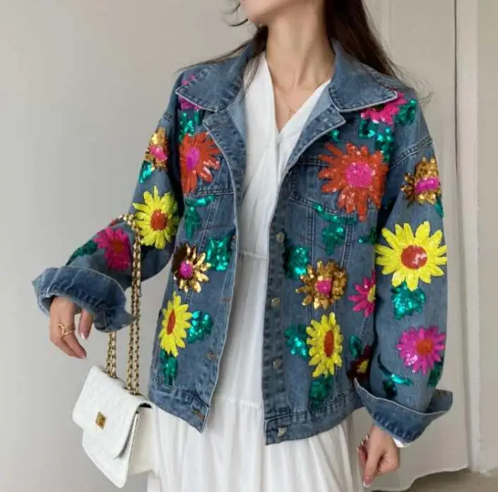 

TEELYNN Boho Casual Long Sleeve Denim Jackets Sequin Sunflower Denim Coats Autumn 2022 Vintage Lapel Loose Jacket Overcoats