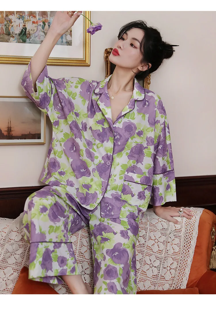 Pajama woman new breathable thin set fashion print loungewear pajamas for women perro ชุดนอนผ้าซาติน