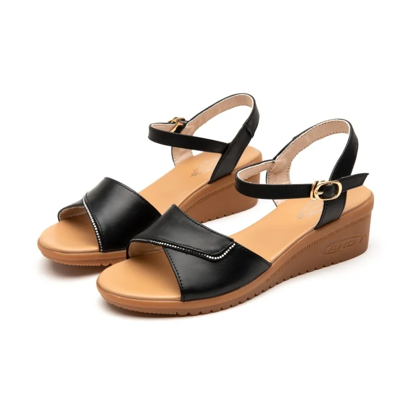 Concise Sling Back Sandals Woman Leather Wedged Shoes Women's Summer Platform Peep Toe Flat Sandal Mother Pregnant Women Shoes