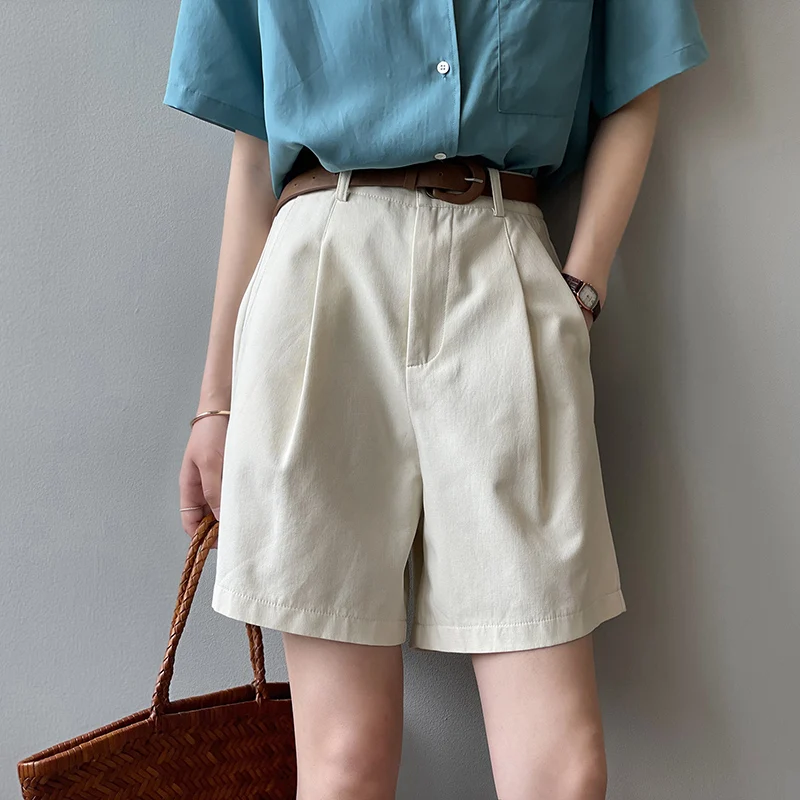 2023 Summer High Waist Chic Khaki Black Shorts Women Leisure Fashion Loose Korean Style All-match Solid Simple fifth pants