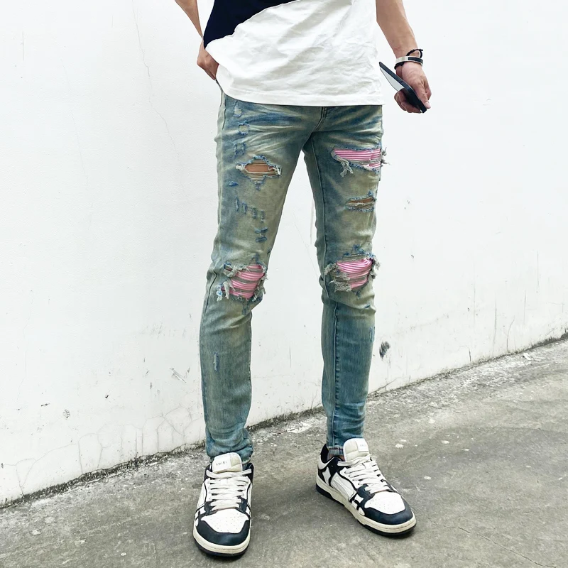High Street Fashion Men Jeans Retro Blue Stretch Skinny Fit Hole Ripped Jeans Men Patched Designer Hip Hop Brand Pants Hombre