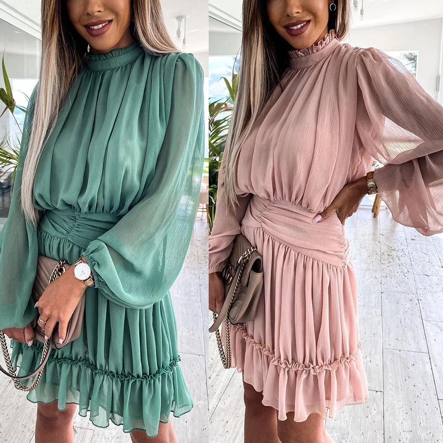 

Женское шифоновое платье с длинным рукавом, свободное Повседневное платье с оборками, новинка 2021