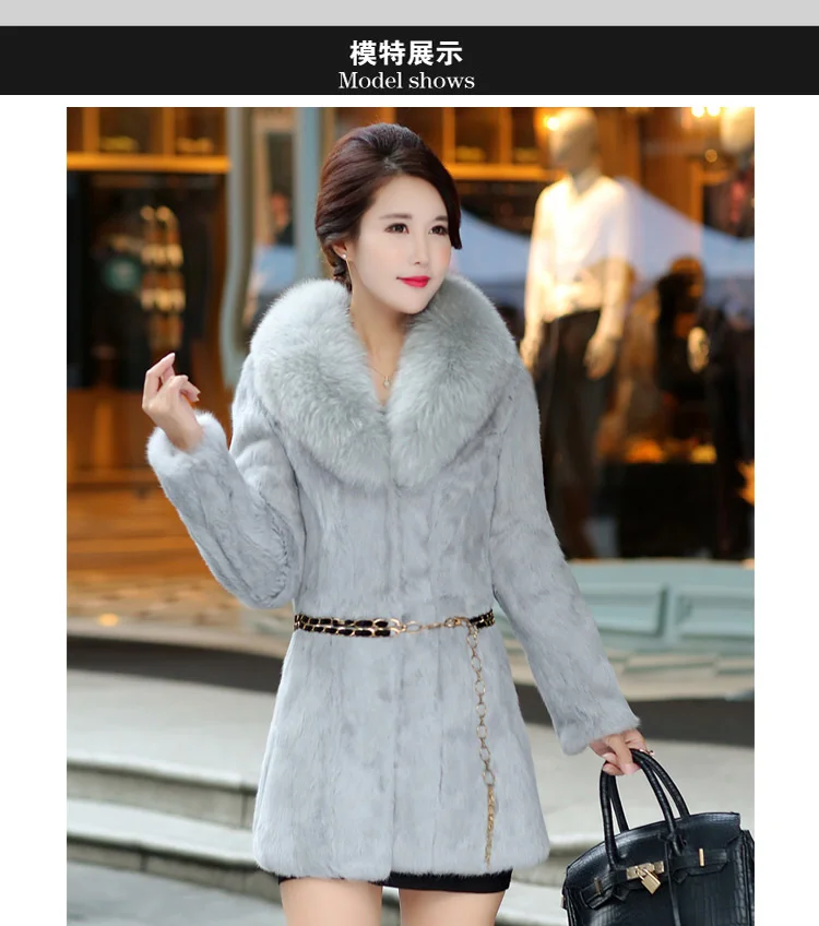 natural Women's Real genuine rabbit fur coat with fox fur collar lady fashion fur jacket outwear warm winter