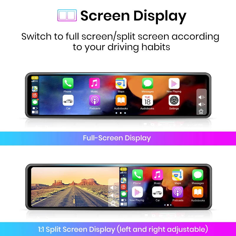 Junsun Wireless CarPlay Android Auto Rear View Mirror Dual Screen Car DVR Dash Cam 11.26” FHD 1080P Video Recorder Stream Media |