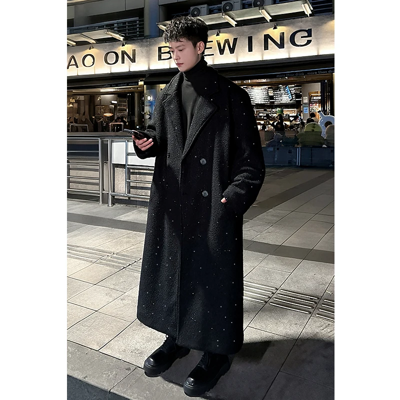 Shiny thick trench coat chic sequin autumn winter men's warm woolen casual double breasted long overknee