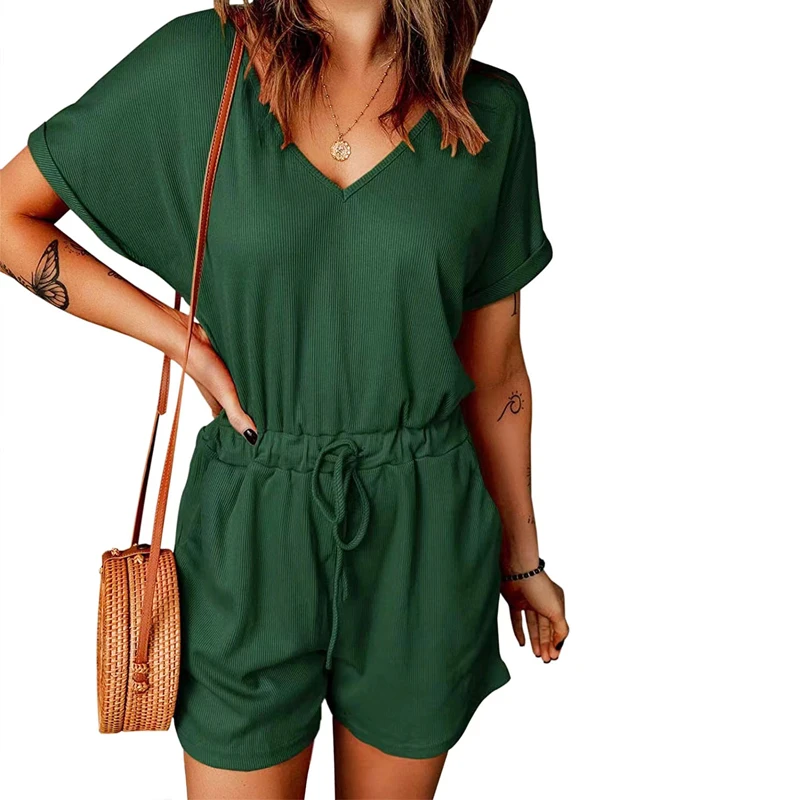 Women Casual Jumpsuits Solid Color V Neck Short-sleeved One-piece Shorts Playsuits Lace Up Loose Sexy Pocket Summer 2023 New