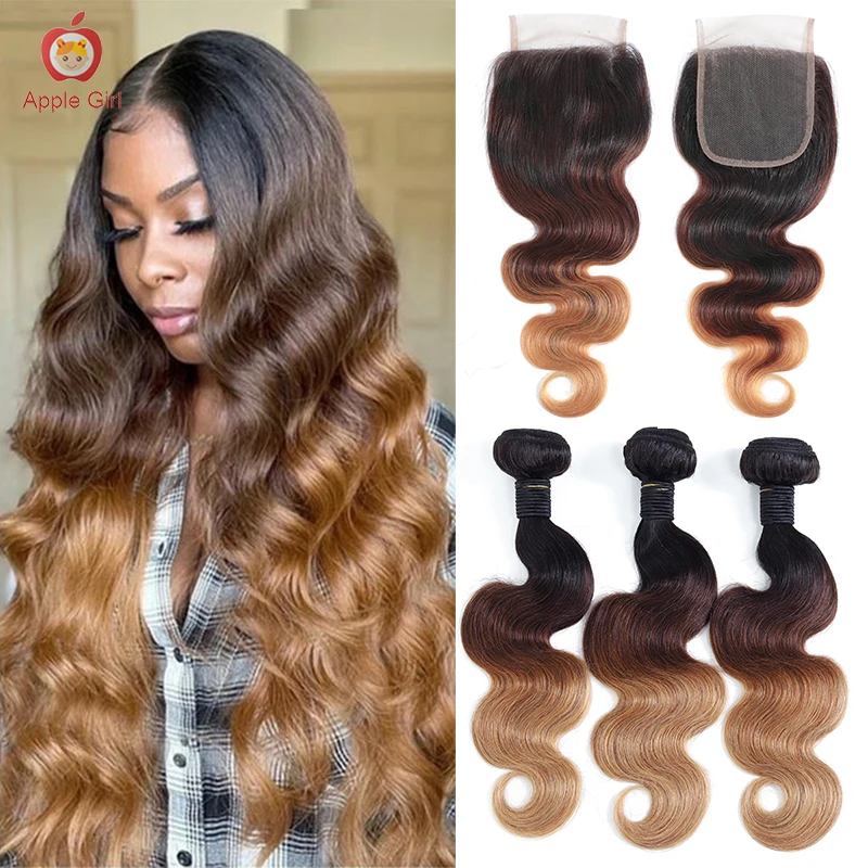 T1B/4/27 Ombre Body Wave Human Hair Bundles With Closure Transparent Lace Closure With Bundles Applegirl Brazilian Remy Hair