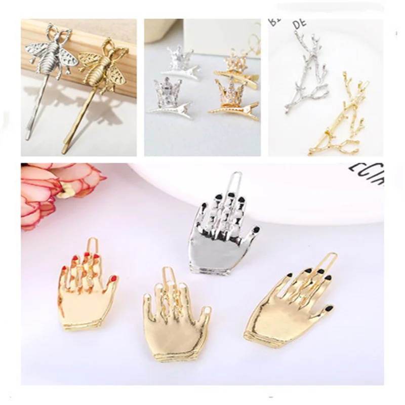 

Creative Girls Funny Hand Shaped Hairpin Metal Alloy Colored Finger Nail HairClip Metallic Glitter Gold Silver Drop Oil Barrette