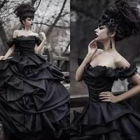 gothic black wedding dresses off shoulder lace ruffles draped satin ball gown garden wedding bridal gowns customize plus size