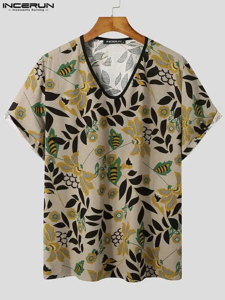 

INCERUN Men T Shirt V Neck Short Sleeve Cotton Vintage Printing Casual Men Clothing 2022 Summer Breathable Retro Tee Tops S-5XL