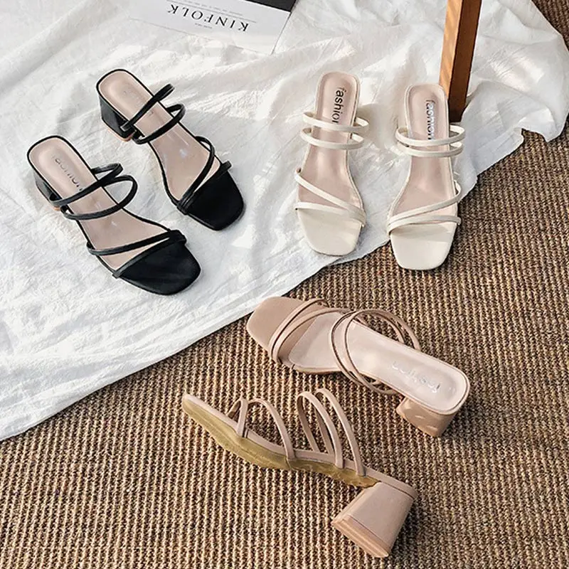 

Women Sandals Square Heels Elegant Cross-tied Leather Outdoor Slippers Fashion Female Sandals womens shoes