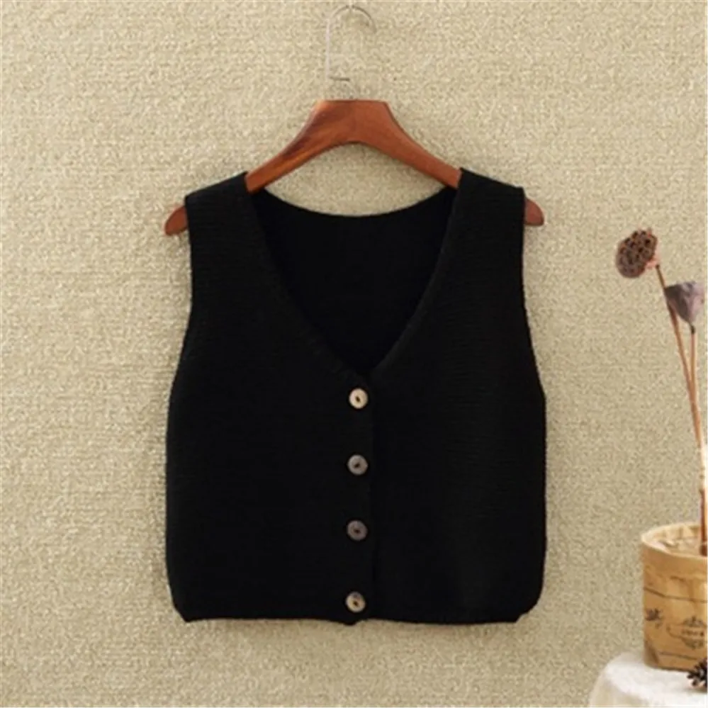 

Black Sweater Vest Women Girl Waistcoat Button Sleeveless V-neck Knitting Korea Solid Short Top Streetwear Top Clothing Womens