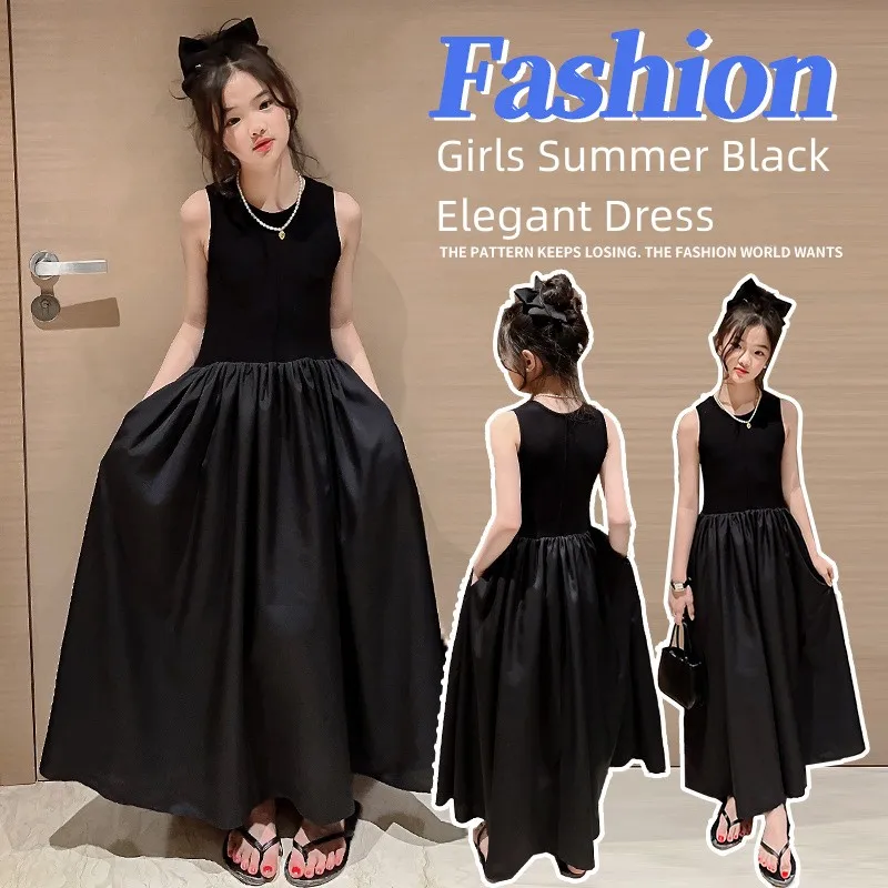 

Korean Style Toddler Girls Black Dress Teenagers Summer Sleeveless High Waist A-Line Sundress 4-16T Children Elegant Party Dress