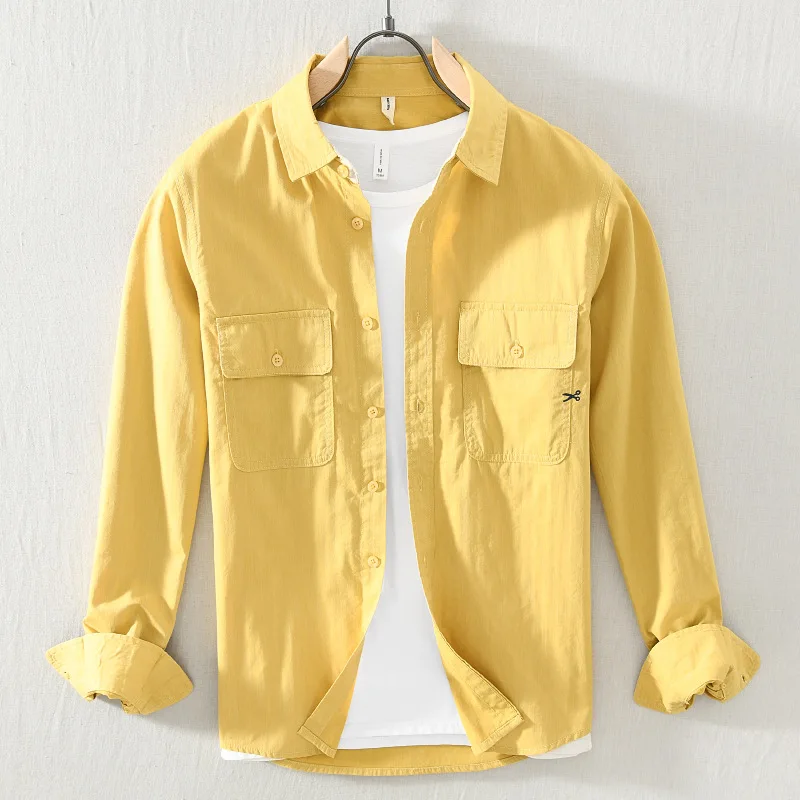 

Spring Autumn Loose Youthful Men Shirts Double Collar Yellow Casual Solid Color Shirt Men's Comfortable Long Sleeve Simple Shirt