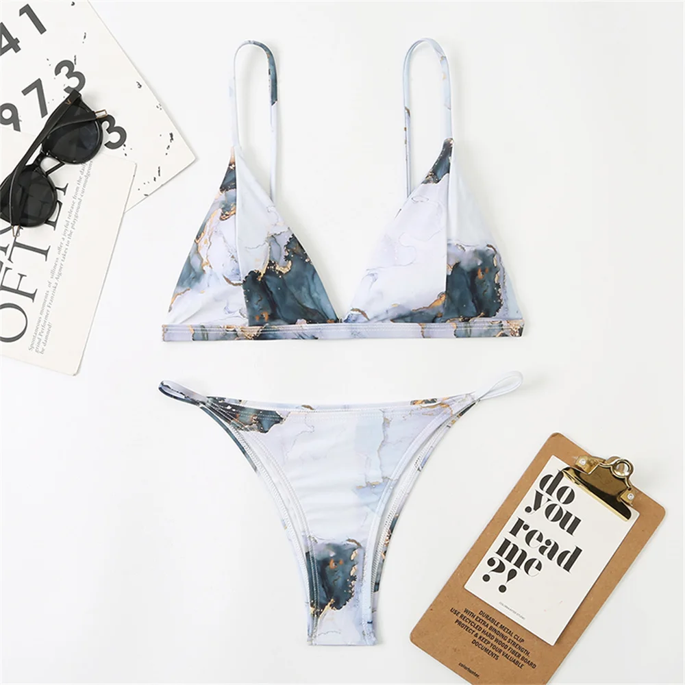 

2022 New Print Sport Bandeau Push up Bikinis Sexy Marble Women Swimsuit High Waist Swimwear Women bathing suit Beach wear