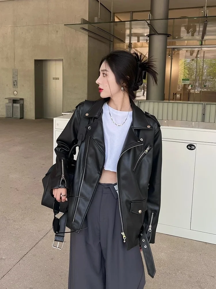 Осеннее Ins Street крутое кожаное пальто верхняя одежда женская свободная куртка