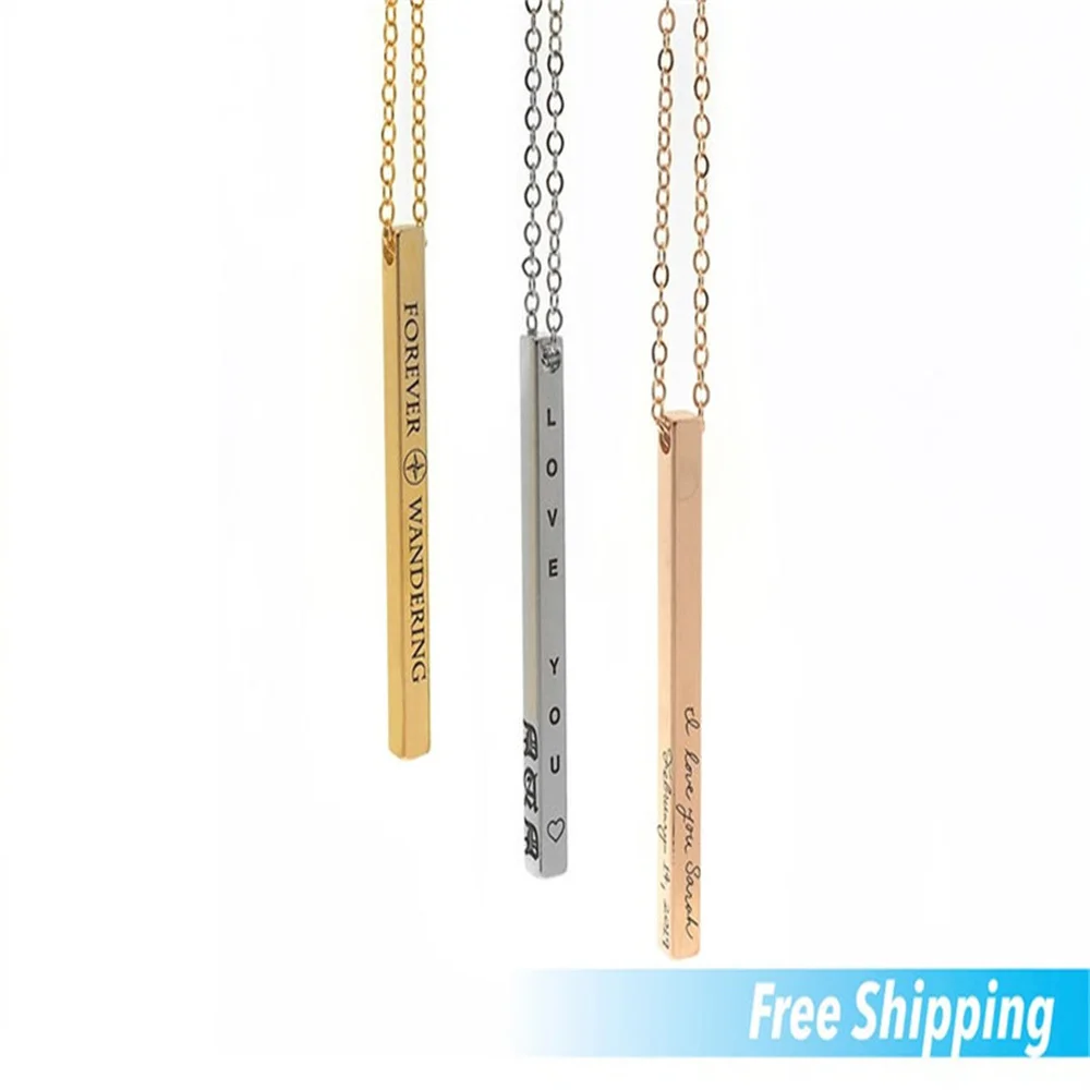 Personalized Custom Necklace Bar Laser Carved Pendant Gold Stainless Steel Necklace Gold Plated Vertical Initial Bar Necklace