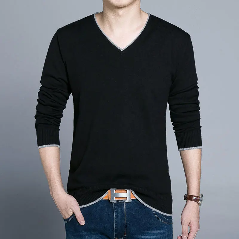 

Men's Cotton V-neck Knit Sweater Spring and Autumn Thin Sweater Korean Slim Solid Color Pullover Long-sleeved Bottoming Shirt