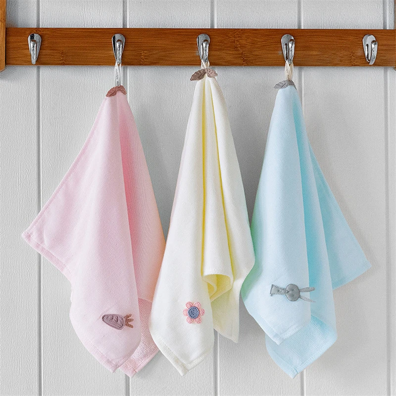 

25x50cm 100% Cotton Cartoon Applique Children Kindergarten Hand Face Towel Solid Color Soft Bathroom Hanging Washcloth