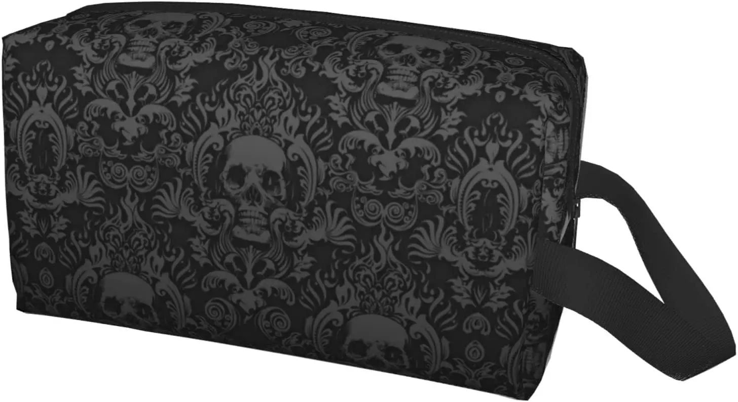

Черные косметички в готическом стиле с изображением черепа и цветка, вместительный портативный дорожный водонепроницаемый органайзер для ...