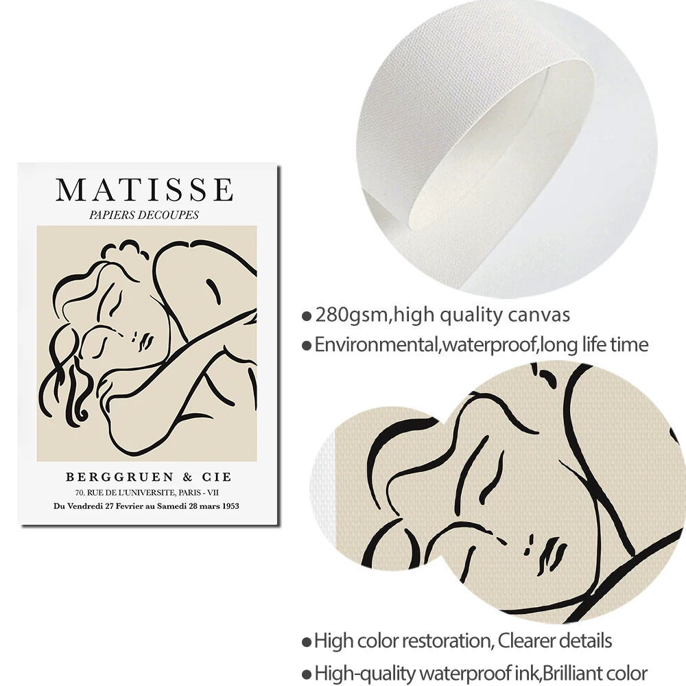 Настенная картина Matisse с абстрактными линиями бежевые цветы женское лицо