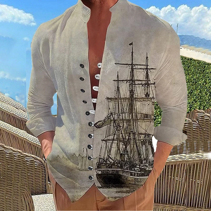 

Casual Men Cotton Linen Shirts NEW Sailboat Print Button Long Sleeve Shirt Fashion Stand Up Collar Loose Men's Shirts Streetwear
