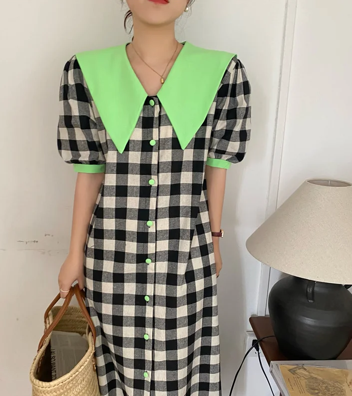

Новинка лета 2022, зеленое травяное платье с лацканами в Корейском стиле, женское платье с пышными рукавами