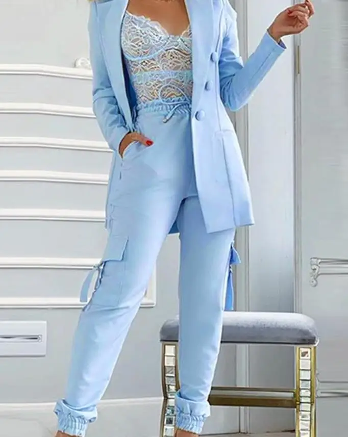 Spring New Women's Two-Piece Fashion Solid Button Blazer Jacket and Pocket Design Pants Suit Casual Office Summer Women's Suit